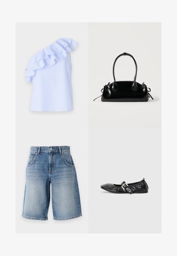 Én skulder bluse i lyseblå og hvide striber med en rynket detalje langs skulderen. Lavet af letvægtsstof.; Lysblå denimshorts med lige pasform, fem lommer og bronzefarvet hardware. Har en rå kant og en falmet vaskemæssig struktur.; Sorte læder flade sko med spids tå, samling detaljer omkring åbningen, og en sølv spænde accent på den justerbare rem.; Lille sort blank håndtaske med to lange håndtag og snøre-detaljer i siden på en ensfarvet lys baggrund.