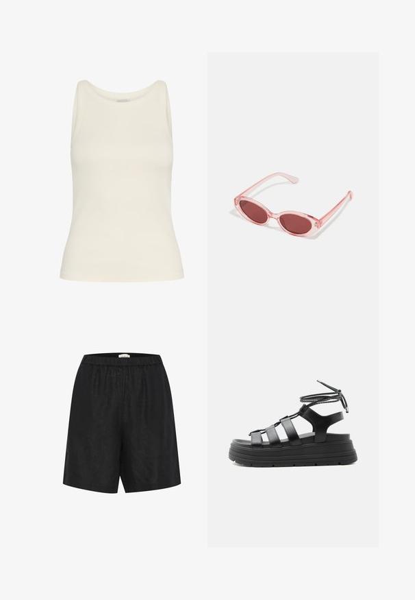 Débardeur crème en tissu côtelé, avec un col rond et un design sans manches, doté d'une silhouette ajustée et d'une texture lisse.; Shorts noirs à coupe ample avec taille élastique, longueur mi-cuisse, en tissu léger.; Sandale plateforme noire avec semelle épaisse, plusieurs brides horizontales et lien à nouer autour de la cheville sur un fond clair uni.; Lunettes de soleil transparentes roses avec des verres ovales, teintés d'un rouge foncé, et des branches fines, présentant une finition lisse et des détails subtils sur la monture.