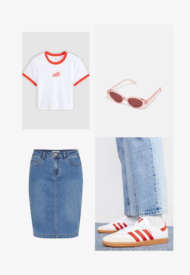 Witte cropped T-shirt met rode bies aan kraag en mouwen, met een rode chilipeper afbeelding en de tekst "Levi's" in het midden.; Denim rok in lichtblauw met een aansluitend ontwerp, sluiting met knopen aan de voorkant, vijf zakken en contrasterende stiksels langs de naden.; Witte leren sneakers met rode strepen en accenten. Voorzien van een getextureerde gumrubberen outsole en een gevoerde kraag. Draag ze met lichtblauwe denim.; Roze transparante zonnebril met ovale lenzen, donkerrode tint en slanke pootjes, met een gladde afwerking en subtiele details op het frame.
