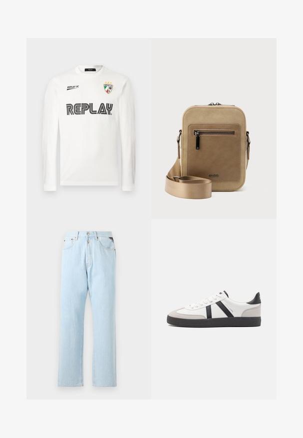 Chemise blanche à manches longues avec le texte noir "REPLAY" sur la poitrine, petit texte "REPLAY FC" en haut à gauche, et un emblème en trois couleurs avec trois étoiles en haut à droite.; Jeans en denim bleu clair avec une coupe droite. Comprend une fermeture à bouton et à zip, cinq poches et des coutures contrastées.; Baskets blanches avec des accents noirs et gris, présentant un embout texturé gris, une semelle en caoutchouc noir et des lacets plats blancs. Design épuré, style minimaliste.; Petit sac bandoulière beige avec poche avant zippée, logo métallique ALDO, sangle large ajustable et forme rectangulaire arrondie sur fond blanc.