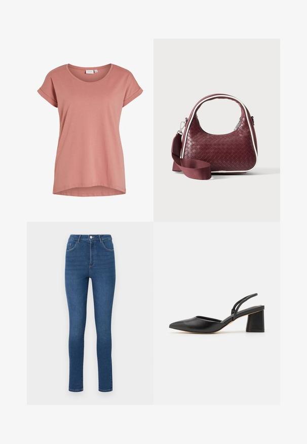 Lyserød kortærmet dame T-shirt med rund halsudskæring og opsmøgede ærmekanter, ensfarvet design og let buet kant.; Slanke jeans lavet af mørkeblå denim med høj talje, fem lommer og subtile syninger. Stoffet ser glat ud og er let strækbart.; Sort lædersko med slingback, spids tå, lav blokhæl og minimalistisk design med tynde remme og glat tekstur.; Mørkerød vævet lædertaske med buet hank, hvid kant, sølv lynlås og aftagelig bred stofskulderrem mod en ensfarvet baggrund.