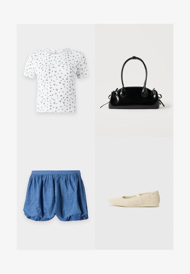 Hvid kortærmet t-shirt med ribbet tekstur og et blomsterdesign i blå og grøn over det hele. Rund halsudskæring og afslappet pasform.; Blå, letvægts shorts med en samlet elastisk talje og et blødt, tekstureret design. Har en blød stoffinish med en afslappet pasform.; Lysebrune ballet flats med en glat læderoverflade, mandelformet tå og elastisk rem over vristen, med diskrete syninger.; Lille sort blank håndtaske med to lange håndtag og snøre-detaljer i siden på en ensfarvet lys baggrund.