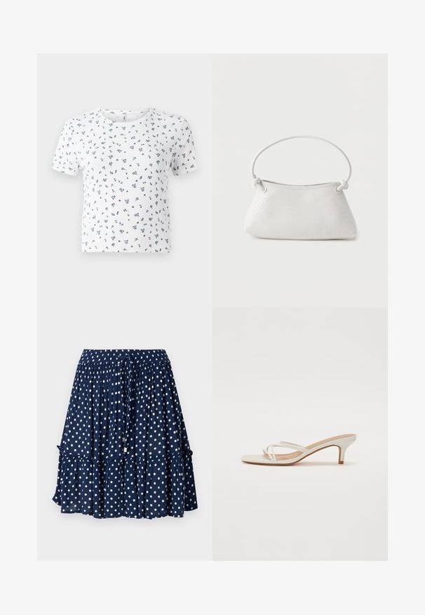 Hvid kortærmet t-shirt med ribbet tekstur og et blomsterdesign i blå og grøn over det hele. Rund halsudskæring og afslappet pasform.; Mørkeblå skirt med hvide prikker, der har en flæse i bunden og en elastisk talje med snøre til justerbar pasform.; Hvide block-heel sandaler har tynde stropper og et kvadratisk tådesign. Hælen er ca. midt-høj, med en glat overflade.; Hvid fletlæderhåndtaske med afrundet håndtag og ender på remmen, der er knyttet, vist mod en ensfarvet baggrund.