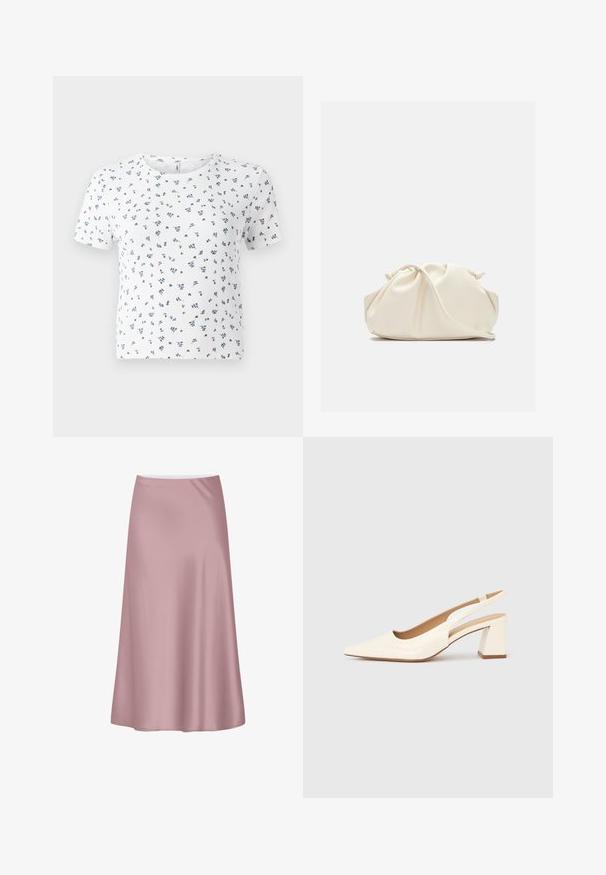 Camiseta blanca de manga corta con textura acanalada y un patrón floral en azul y verde. Cuello redondo y corte relajado.; Falda midi de satén rosa suave con una silueta en línea A y una tela lisa y fluida.; Zapato de salón con tira trasera en charol crema brillante, con punta afilada y tacón cuadrado grueso para mayor estabilidad. Diseño minimalista, sin adornos.; Bolso de mano de cuero suave de color crema con diseño fruncido y plisado y una delgada correa para el hombro que descansa delante sobre un fondo liso.