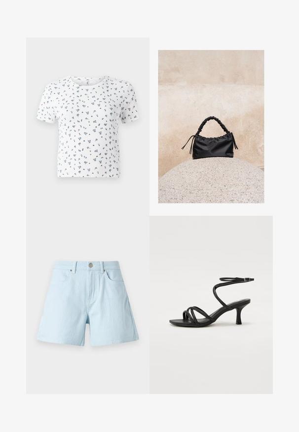 Hvid kortærmet t-shirt med ribbet tekstur og et blomsterdesign i blå og grøn over det hele. Rund halsudskæring og afslappet pasform.; Lysblå stribede shorts med høj talje, frontlommer og metalknaplukning. Stofferne har en blød tekstur og en skræddersyet pasform.; Even&Odd Wide Fit by Zalando Sandaler - black; Sort håndtaske med rynkede detaljer og et samlet håndtag, hvilende på en tekstureret stensfære mod en beige betonvæg.