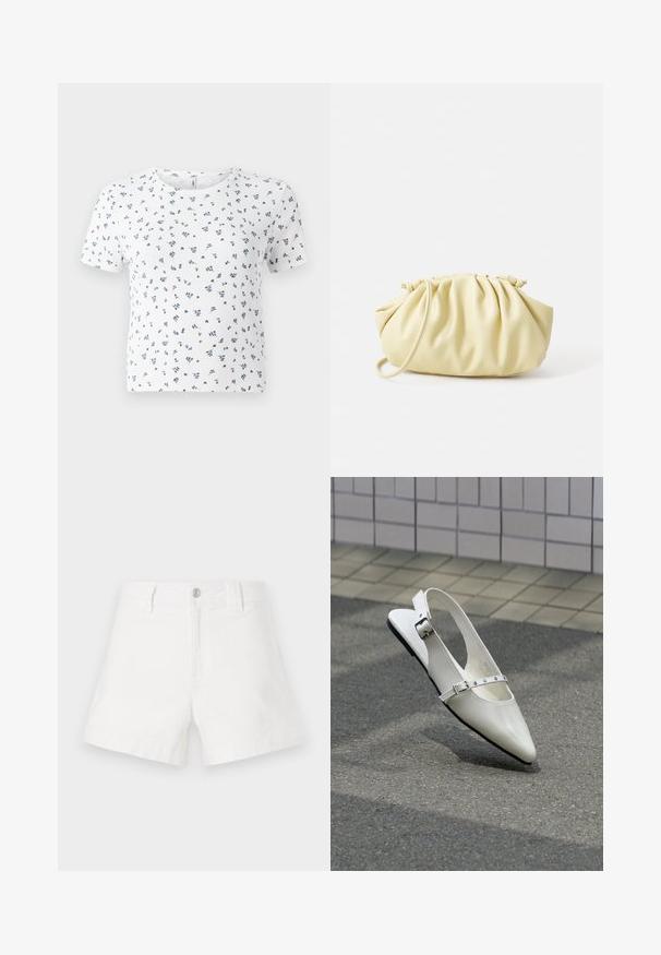 Weißes Kurzarm-T-Shirt mit gerippter Textur und einem floralen Muster in Blau und Grün. Rundhalsausschnitt und lockere Passform.; Weiße Jeans-Shorts mit klassischem Schnitt, ausgestattet mit einem vorderen Knopfverschluss, Gürtelschlaufen und einer glatten, strukturierten Oberfläche.; Weißer spitzer Slingback-Slipper mit zwei silbernen Schnallen, abgebildet im Freien auf strukturiertem Boden und gefliester Wand im Hintergrund.; Gelbe, gefaltete Handtasche aus glattem Kunstleder mit weicher Form, einzigem Schulterriemen und gerafftem Oberteil.