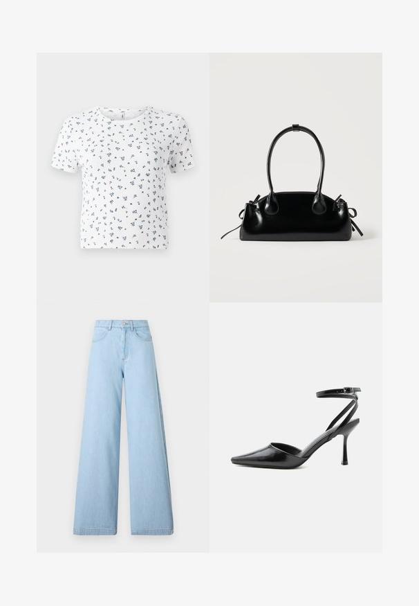 Weißes Kurzarm-T-Shirt mit gerippter Textur und einem floralen Muster in Blau und Grün. Rundhalsausschnitt und lockere Passform.; Hellblaue weit geschnittene Jeans aus Denim, mit hoher Taille, Fronttaschen und sauberen Säumen mit minimalem Nähdetail.; Schwarzer spitzer High Heel mit dünnen Knöchelriemen und silberner Schnalle auf einfachem hellem Hintergrund.; Kleine schwarze glänzende Handtasche mit zwei langen Griffen und seitlichen Kordelzug-Details vor einfachem hellem Hintergrund.