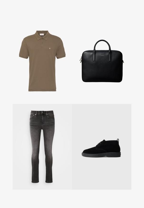Hnedé polo tričko s krátkym rukávom, dvoma gombíkmi a malým bielym logom "CK" na ľavej hrudi.; Čierne denimové džínsy so slim fit strihom, vybavené gombíkovým zapínaním, piatimi vreckami a jemným ošúchaním na nohách pre vizuálnu textúru.; Čierne suede ankle boots s okrúhlou špičkou, šnurovacími detailmi, čiernou gumovou podrážkou a ťahacou slučkou na zadnej strane pre jednoduché obúvanie.; Čierna textúrovaná kožená aktovka s dvojitými rúčkami a striebornými zipsami, centrovaná na bielom pozadí.