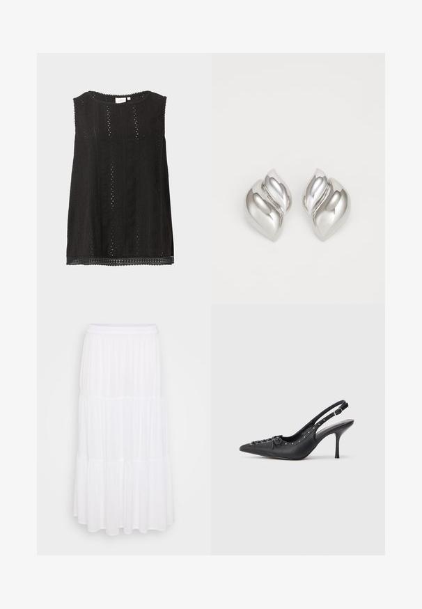 Zwarte mouwloze blouse met kantpatroon, ronde halslijn en gegolfde zoom, weergegeven tegen een effen lichte achtergrond.; Witte gelaagde maxi-rok van lichtgewicht stof, met een elastische tailleband en een vloeiende textuur met subtiele plooidetails.; Zwarte leren slingback stiletto met spitse neus, zijgesp met gesp, studs langs de rand en decoratieve veters aan de voorkant.; Zilveren oorbellen met een organische, abstracte vorm. Gladde, glanzende oppervlakte met een taps toelopend ontwerp. Beschikken over subtiele rondingen en een centrale lijn detail.