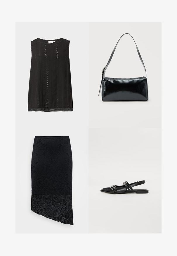 Schwarze ärmellose Bluse mit Spitzenmuster, rundem Ausschnitt und geschwungenem Saum, vor schlichtem hellem Hintergrund dargestellt.; Schwarzer Rock mit strukturiertem Paisleymuster, asymmetrischem Saum und Spitzeneinsatz am unteren Rand. Hergestellt aus einem weichen, dehnbaren Stoff.; Even&Odd by Zalando Sling-Ballerina - black; Schwarze rechteckige Schultertasche mit einem verstellbaren Riemen und einem oberen Reißverschluss vor einfachem Hintergrund.