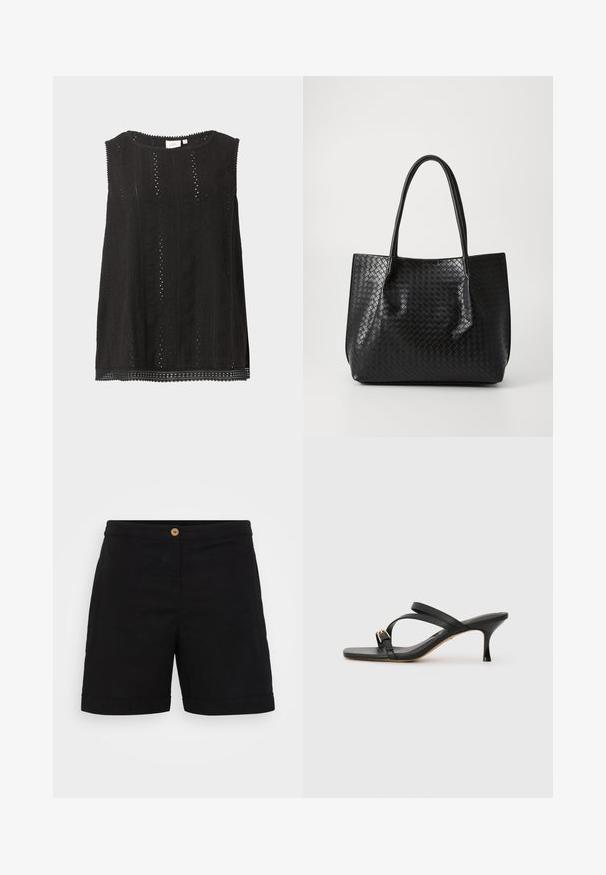 Schwarze ärmellose Bluse mit Spitzenmuster, rundem Ausschnitt und geschwungenem Saum, vor schlichtem hellem Hintergrund dargestellt.; Schwarze Leinenkurze mit einem schlanken Design, das einen einzelnen Holzknopf an der Taille und einen umgeschlagenen Saum aufweist. Sanfte Textur mit Seitentaschen.; Schwarze Sandalen mit Absatz und quadratischer Zehenform, zwei überkreuzten Riemen, goldfarbener Schnallenakzent und einem schmalen hohen Absatz. Weiches Ledertextur.; Schwarze geflochtene Ledertasche mit zwei Griffen, strukturierte Form und subtiler glänzender Oberfläche vor einem schlichten hellen Hintergrund.