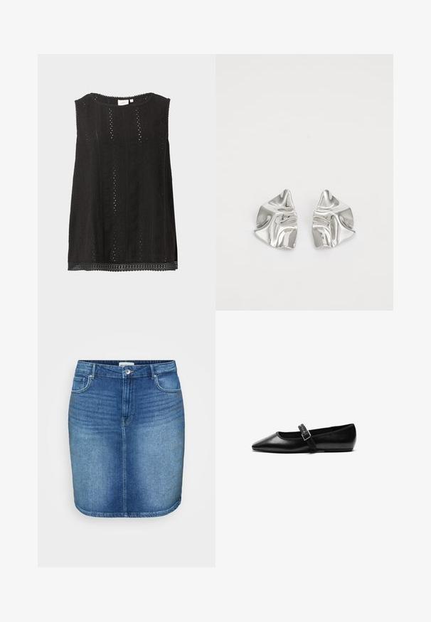 Sort ærmeløs bluse med blonde mønster, rund halsudskæring og bølget kant, vist mod en ensfarvet lys baggrund.; Denim nederdel i mellemblå vask med en tætsiddende design, lige snit, fem-lomme stil og en talje med knaplukning foran.; Sorte flade sko lavet af læder med spidse tæer, justerbar rem med metalspænde, glat tekstur og minimalistisk design.; Sølvmetal øreringe med et bølgende, skulpturelt design, der har en poleret overflade og uregelmæssige former, hvilket fremhæver en moderne æstetik.
