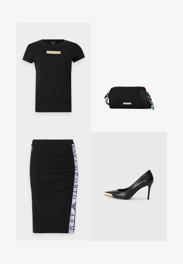Musta, lyhythihainen t-paita, jossa on pieni beige suorakaiteen muotoinen merkki, jossa lukee keskellä rinnassa "Armani Exchange".; Musta vartalonmyötäinen kynähame, jossa on sivupaneeli ja valkoisella sekä vaaleanvioletilla raidalla varustettu "EA7 Emporio Armani" -teksti ja logo.; Musta nahkainen korkea korkokenkä kapealla kärjellä; siinä on metallinhohtoinen kultainen yksityiskohta varpaankärjessä. Suora pinta ja tyylikäs muotoilu.; Musta nailonista olkalaukku, jossa on vetoketjukiinnitys, hopeinen logo-levy ja irrotettava olkahihna, jossa on kuvioituja korostuksia ja vihreä charme.