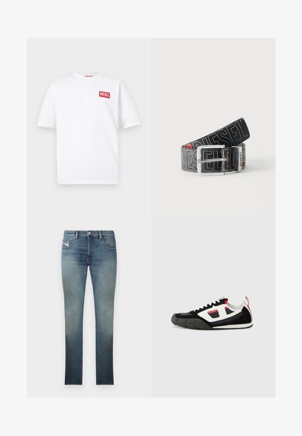 Weißes Baumwoll-T-Shirt mit kurzen Ärmeln und einem roten, rechteckigen DIESEL-Logo auf der oberen linken Brustseite. Einfaches Rundhalsausschnitt-Design.; Slim-Fit Jeans in einer ausgewaschenen blauen Waschung, mit einem Fünf-Taschen-Design, Metallknopfverschluss und Kontrastnähten. Leicht verwaschene Textur.; Diesel S PAGODHA LOW - Sneaker low - black; Schwarzer Diesel-Gürtel mit großem weißen Logotext, rechteckiger silberner Schnalle und gebrandetem Metallschlaufen-Detail, aufgewickelt auf hellem Hintergrund.
