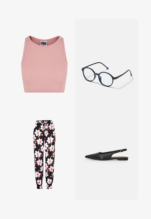 Rosa geripptes Crop-Top mit rundem Ausschnitt, aus elastischem Material gefertigt. Hat keine Ärmel und ein Etikett innen mit der Aufschrift "URBAN CLASSICS."; Schwarze Stoffhose mit weißem und roten Blumenmuster, elastischem Bund mit Kordelzug und gerafften Bündchen. Leichtes Material.; Schwarzer Leder Slingback-Schuh mit spitzer Zehenform, subtiler Glanz und verstellbarem Knöchelriemen. Flacher Absatz mit einer braunen Innensohle.; Runde schwarze Brillen mit dünnen Rahmen, klaren Gläsern und einem leichten lila Farbton auf einer Seite; elegantes Design mit polierter Oberfläche.