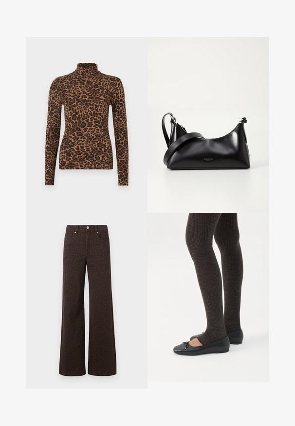 Top de manga larga con cuello alto en marrón con estampado de leopardo negro. Textura suave, diseño ajustado y cuello alto.; Vaqueros de pierna ancha marrones con un sutil patrón de leopardo, confeccionados en denim con una textura suave y un clásico diseño de cinco bolsillos.; Piernas con leggings oscuros acanalados combinados con bailarinas negras que presentan pequeños detalles de lazo sobre un fondo blanco.; Bolso de mano de cuero negro con una textura suave. Cuenta con una correa ajustable y un diseño elegante y minimalista con cierre de cremallera.