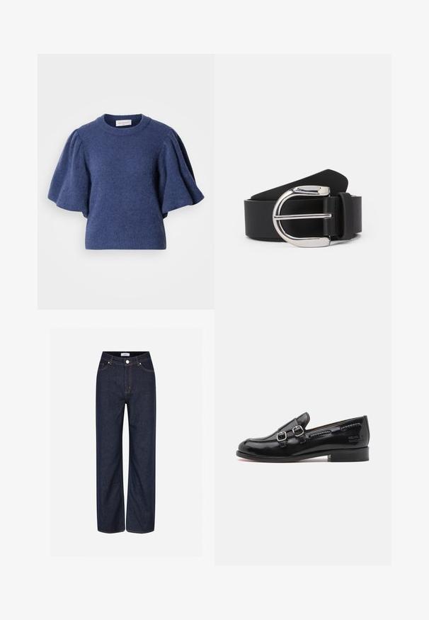 Suéter azul marino de punto con un cuello redondo y mangas cortas abullonadas. La tela parece suave con un acabado texturizado.; Jeans de pierna ancha color azul oscuro hechos de denim, con grandes bolsillos, costura naranja en contraste y un cierre de botón en la cintura.; Mocasín de charol negro con acentos de doble hebilla plateada, punta ligeramente redondeada y tacón bajo apilado. Detalle de costura texturizada a lo largo de la parte superior.; Cinturón de cuero negro con una hebilla de metal plateada, con una textura suave y un diseño clásico. La correa tiene un ancho de 1.5 pulgadas.