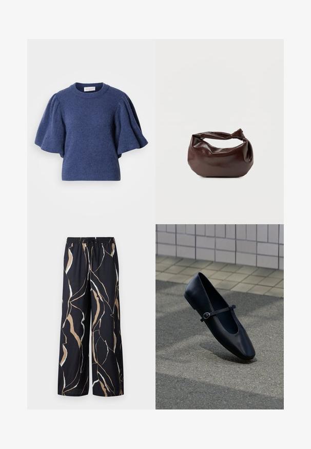Mørkeblå strikket sweater med rund hals og korte, puffede ærmer. Stoffet ser blødt ud med en struktureret finish.; Bredde ben bukser i et mørkt navy stof, med et dristigt abstrakt mønster i beige og hvid. Elastisk talje med snøre.; Sort læder Mary Jane flad sko med en lille spænde rem, placeret på en grå asfalt overflade nær en flisebelagt væg.; Mørkebrun læder skuldertaske med en blød, afslappet form og et snoet knudehåndtag på en ensartet hvid baggrund.