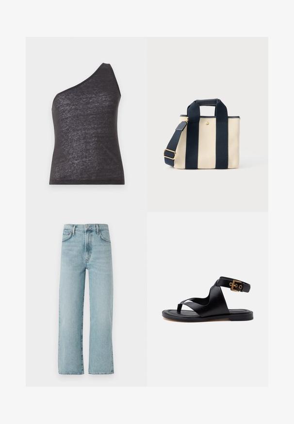 Asymmetrisch zwart tanktop met één schouderband, gemaakt van zacht, licht doorzichtig materiaal, met een getailleerde snit en een soepele textuur.; Lichtblauwe straight-leg jeans van denim, met een hoge taille, een sluiting met een knoop aan de voorkant en subtiele vervaging op de stof.; Zwarte platte sandalen met een teenlus, brede leren kruisriemen en een enkelbandje met een goudkleurige gesp.; Kleine beige canvas draagtas met twee brede zwarte verticale banden, een kort handvat en een verstelbare schouderriem met een gouden gesp.