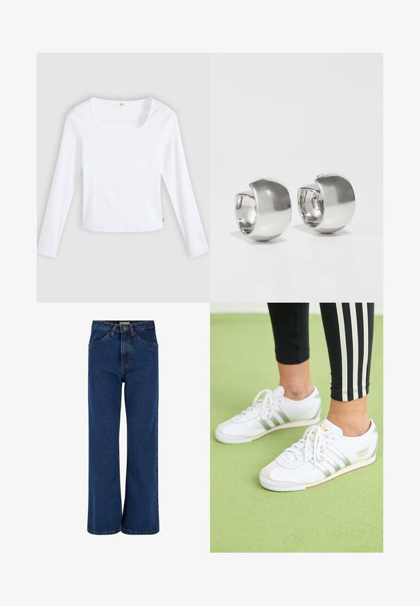 Weißes Langarm-T-Shirt aus Rippstoff mit quadratischem Ausschnitt und figurbetontem Schnitt, mit einem kleinen Logobändchen an der Seite.; Weite Jeans aus Denim in Dunkelblau, mit hoher Taille, Fronttaschen und kontrastierenden Nähten entlang der Nähte.; Füße, die weiße Adidas Italia Sneakers mit silbernen Streifen und Schnürsenkeln tragen, stehen auf einer hellgrünen strukturierten Fläche.; Uncommon Matters SCULPTURAL LARGE CREOLE - Ohrringe - silver-coloured