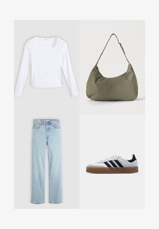 Camiseta blanca de manga larga hecha de tela acanalada, con escote cuadrado y diseño ajustado, con una pequeña etiqueta de logo en el costado.; Jeans de denim azul claro con corte recto, que cuentan con cinco bolsillos, un cierre de cremallera clásico y costuras visibles.; Zapatillas de cuero blancas con rayas negras, suela de goma, puntera redonda, cierre de cordones y caperuza de ante gris suave.; Bolso de hombro de tela suave color verde oliva con cierre de cremallera y correa ajustable sobre un fondo liso y claro.