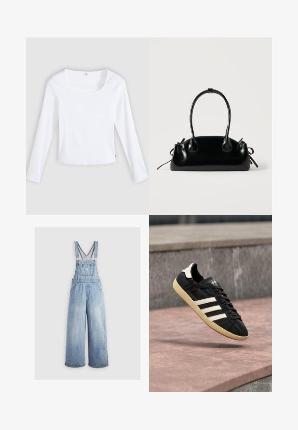 Witte longsleeve t-shirt van geribbelde stof, met een vierkante halslijn en een aansluitend model, voorzien van een klein logotag aan de zijkant.; Lichtblauwe denim overall met wide benen, verstelbare schouderbanden, een voorzak en metalen knopen aan de zijkanten. Klassieke stijl met een ontspannen pasvorm.; Zwarte Adidas sneaker met witte strepen en beige zool, vastgelegd in de lucht boven een stenen oppervlak en een stenen muur op de achtergrond.; Kleine zwarte glanzende handtas met twee lange hengsels en zijkant trekkoord details op een effen lichte achtergrond.