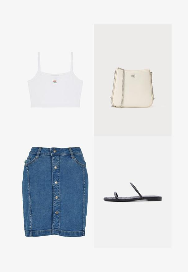 Biely crop-top s tenkými ramienkami a malým farebným logom "CK" umiestneným na strede hrude.; Džínová sukňa so zapínaním na prednej strane, priliehavý strih, svetlomodrá farba a jemné detaily prešitia.; Čierna plochá sandála s tenkou prešívanou podrážkou a dvoma úzkymi remienkami cez prsty a stred chodidla, zobrazená z bočného profilu na bielom pozadí.; Biela koženka kabelka s krivým tvarom. Obsahuje strieborný reťazový popruh a malý akcent loga na prednej strane. Čistý dizajn.