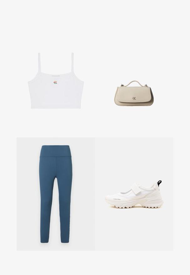 Camiseta corta blanca con tirantes finos y un pequeño logo multicolor de "CK" centrado en el pecho.; Leggings azules de cintura alta fabricadas con tela elástica. Textura suave con un ajuste ceñido y detalles cosidos a lo largo de las costuras.; Zapatilla deportiva blanca Calvin Klein con suela gruesa y tira de velcro, diseño de corte bajo y pestaña de tirar negra en el talón.; Pequeño bolso de mano de cuero beige con asa superior y logo plateado de CK en la solapa frontal, mostrado sobre un fondo blanco.