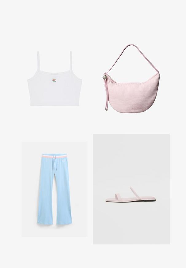 Biely crop-top s tenkými ramienkami a malým farebným logom "CK" umiestneným na strede hrude.; Svetlomodré zvonové tepláky s viazaním v páse. Obsahujú ružový a biely pruhovaný akcent a vyšívané logo. Mäkký textilný materiál.; Ružové ploché sandále s dvoma tenkými popruhmi a minimalistickým dizajnom. Hladký povrch a flexibilná podrážka s kontrastnou čiernou základňou.; Mäkká ružová ramenná taška v tvare polmesiaca s nastaviteľným popruhom zo šnúry, kovovým zarážkou a nenápadným vyrazeným logom „cK“ na prednej stredovej časti.