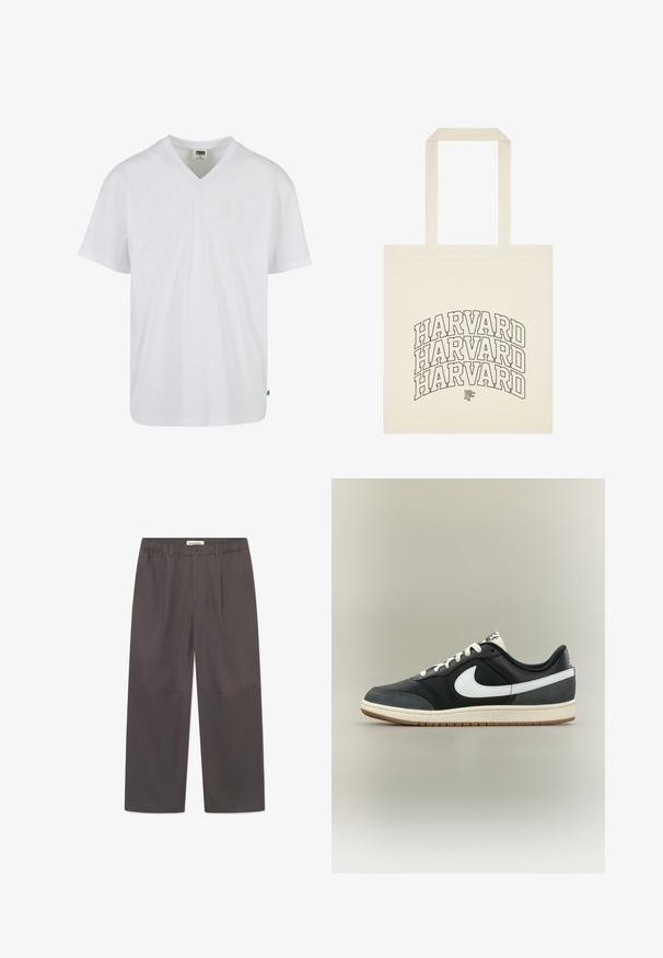 Urban Classics T-Shirt basic - white; Graue, weite Hosen aus glattem Stoff, mit einem Knopfverschluss und zwei seitlichen Taschen. Einfaches, klares Design ohne sichtbare Muster.; Niedriger schwarzer Sneaker mit weißem Nike-Swoosh, weißen Schnürsenkeln und beige farbener Sohle mit brauner Außensohle, auf neutralem Hintergrund dargestellt.; Beige Tragetasche mit drei gestapelten schwarz umrandeten "HARVARD"-Schriften und einem kleinen überlappenden "PF"-Logo unter dem Text.