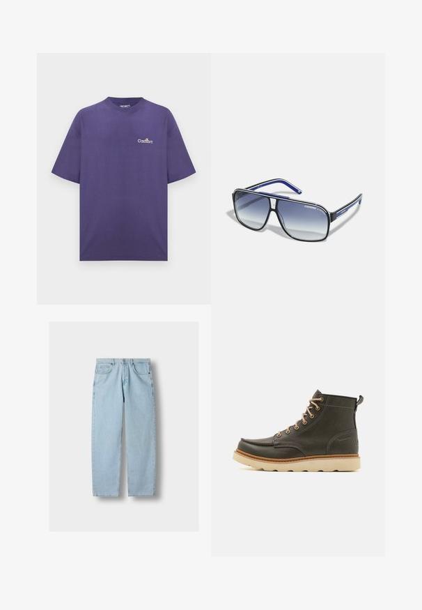 Lila übergroßes Carhartt T-Shirt mit kurzen Ärmeln und kleinem weißem Logo auf der linken Brust vor einfarbigem Hintergrund.; Hellblaue gerade geschnittene Denim-Jeans mit Vordertaschen, Gürtelschlaufen und Knopfverschluss auf grauem Hintergrund.; Dunkelgrüne Lederknöchelstiefel mit beigen Schnürsenkeln, gepolsterter Schuhkragen und strukturiertem Gummisohle. Verfügt über wasserdichte Markierungen und Nähdetails.; Carrera GRAND PRIX - Sonnenbrille - black/blue