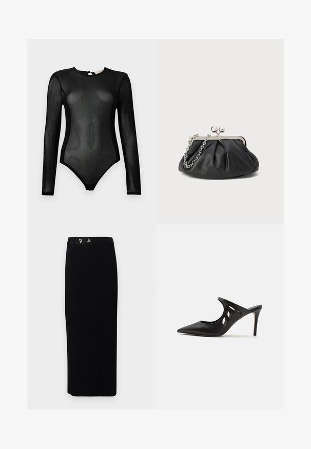 Sort langærmet bodysuit lavet af gennemsigtigt mesh-stof. Har en rund halsudskæring og en trykknaplukning bagpå, med buede sideskæringer.; AERON FORUM - Pencil skirt - black; Sorte læder højhælede mules med spids tå, udskåret sideskærm og glat tekstur. Stiletthæl og subtil syning.; Sort læder clutch med samlet tekstur, sølvfarvet metalramme, kys-lås lukning og kædestrop. Glat, blød overflade.
