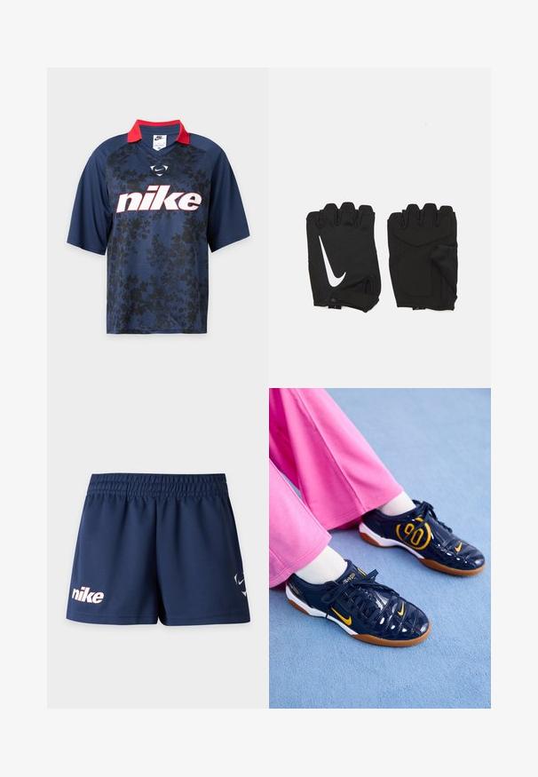 Μπλε σκουρόχρωμο μπλουζάκι Nike με κοντά μανίκια, μαύρο λουλουδάτο σχέδιο, κόκκινο γιακά και μεγάλο λευκό λογότυπο Nike στο στήθος.; Μπλε ναυτικό αθλητικό σορτς Nike με ελαστική μέση και λευκό λογότυπο Nike στο αριστερό πόδι, σε λευκό φόντο.; Ναυτικά συνθετικά αθλητικά παπούτσια με πορτοκαλί λεπτομέρειες, με υφή στο επάνω μέρος, λευκή σόλα και μαύρα κορδόνια. Συνδυασμένα με ροζ φαρδιά παντελόνια.; Μαύρα γάντια γυμναστικής χωρίς δάχτυλα κατασκευασμένα από αναπνεύσιμο ύφασμα, με λευκό λογότυπο Nike, μαξιλαρωμένα παλάμες και ανοιχτό σχέδιο καρπού για ευελιξία.