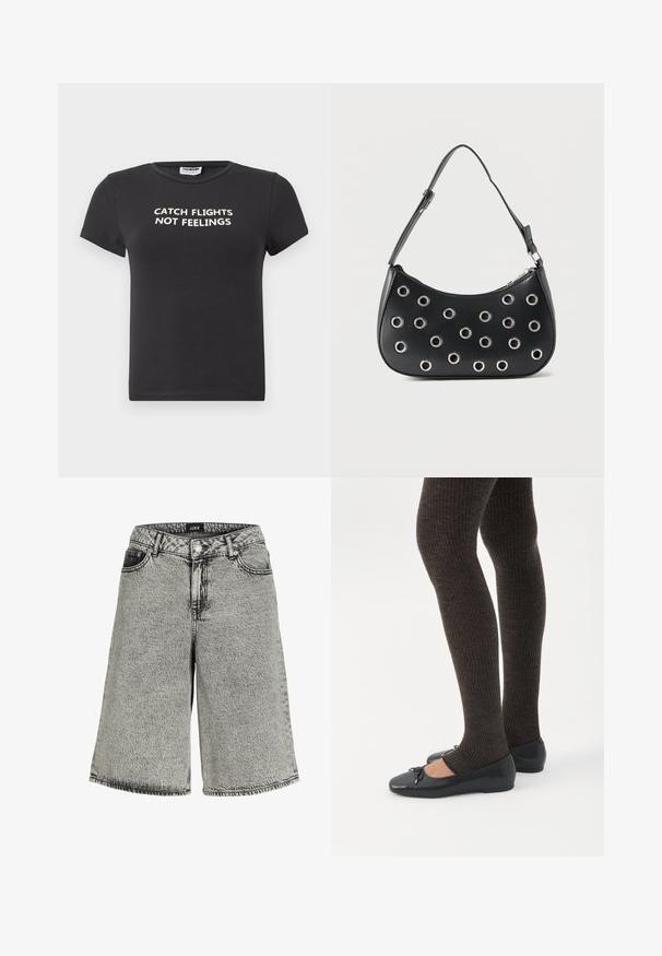 Sort bomulds t-shirt med korte ærmer, der har hvid tekst, som står "CATCH FLIGHTS NOT FEELINGS." Klassisk crew neck design.; Denimshorts i falmet sort med løs pasform, der har høj talje, fem-lomme design og synlige syninger.; Ben iført mørke ribbede leggings kombineret med sorte balletsko med små sløjfedetaljer på hvid baggrund.; Sort læder skuldertaske med justerbar rem, dekoreret med sølvfarvede metalnitter og lukning med øverste lynlås.