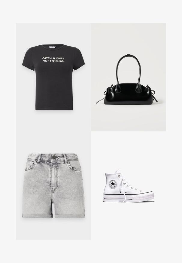 Sort bomulds t-shirt med korte ærmer, der har hvid tekst, som står "CATCH FLIGHTS NOT FEELINGS." Klassisk crew neck design.; Grå denim shorts med oprullede kanter, fem-lomme design og central knaplukning. Glat tekstur med subtile falmede detaljer.; Hvid Converse Chuck Taylor All Star højt snøresko med sorte striber og logoemblem på siden, vist mod en ensfarvet hvid baggrund.; Lille sort blank håndtaske med to lange håndtag og snøre-detaljer i siden på en ensfarvet lys baggrund.