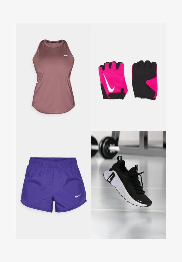 Bezrukávové tričko Nike v tlmenej levanduľovej farbe, vyrobené z hladkej, ľahkej látky; má okrúhly výstrih a malé logo na hrudi.; Fialové športové šortky vyrobené z hladkej látky, s elastickým pásom a bielym logom Nike na spodnej pravej strane.; Čierna športová obuv s textúrovaným horným materiálom, bielou podrážkou a výrazným systémom šnurovania. Obsahuje logo Nike a má mäkký, tlmený dizajn.; Krátke ružové rukavice s čiernymi akcentmi, vybavené bielym logom Nike, polstrovanými dlaňami a bezprstovým dizajnom pre lepší úchop a flexibilitu.