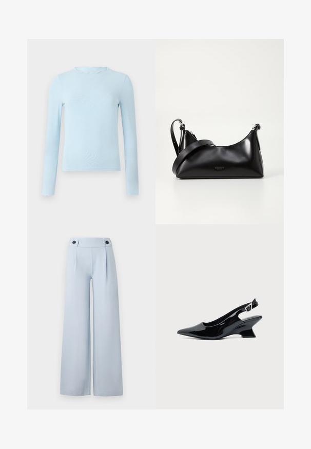 Top de manga larga azul claro, hecho de una tela suave, con un escote ondulado y un diseño ajustado, con dobladillo recto y sin patrones.; Pantalones de pierna ancha en azul claro con frente plano, pliegues y dos botones negros en la cintura. Fabricados en una tela suave con un acabado limpio.; Zapato slingback de cuero charol negro con puntera puntiaguda y tacón bajo en bloque inclinado sobre fondo claro liso.; Bolso de mano de cuero negro con una textura suave. Cuenta con una correa ajustable y un diseño elegante y minimalista con cierre de cremallera.