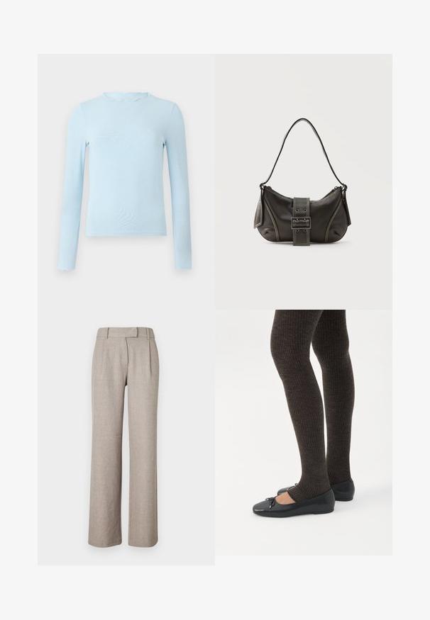 Top de manga larga azul claro, hecho de una tela suave, con un escote ondulado y un diseño ajustado, con dobladillo recto y sin patrones.; Pantalones beige a medida de una tela texturizada, con un diseño de pierna recta y plisados en la parte delantera. Sin hardware ni patrones visibles.; Piernas con leggings oscuros acanalados combinados con bailarinas negras que presentan pequeños detalles de lazo sobre un fondo blanco.; Bolso de hombro de cuero negro con detalle de correa con hebilla, bordes curvos y costuras blancas en contraste sobre un fondo liso.