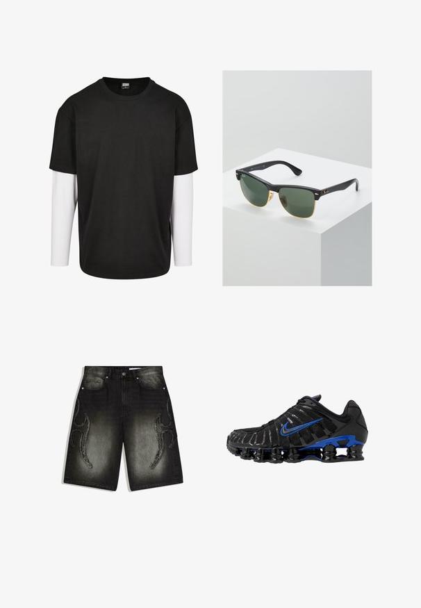 Schwarzes T-Shirt mit kurzen Ärmeln, darunter mit einer weißen Langarm-Schicht. Aus Baumwolle gefertigt, mit Rundhalsausschnitt und lockerer Passform.; Schwarze Jeansshorts mit verblasstem Farbverlauf, ausgefransten abstrakten Mustern an den Oberschenkeln, vorderen Taschen, Gürtelschlaufen und einem Knopfverschluss.; Schwarzer Sportschuh mit Obermaterial aus Mesh und glänzenden Akzenten. Verfügt über einen blauen Swoosh, einen gepolsterten Kragen und eine auffällige schwarze Gummisohle mit sichtbarem Dämpfungselement.; Ray-Ban Sonnenbrillen mit grünen Gläsern, schwarzen Kunststoffrahmen und goldenen Akzenten an den Rändern. Quadratische Form mit matter Oberfläche.