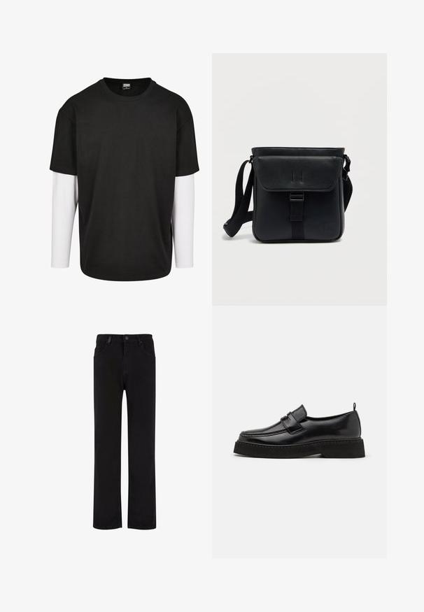 T-shirt noir à manches courtes avec une couche à manches longues blanche en dessous. Fabriqué en coton, avec un col rond et une coupe décontractée.; Pantalons en denim noir avec une coupe droite, dotés d'une fermeture à bouton, de passants de ceinture et de poches avant. Texture lisse et couleur uniforme.; Chaussures en cuir noir de style mocassin avec une semelle plate et texturée, présentant un bout piqué et une sangle traversant le cou-de-pied.; Sac bandoulière en cuir noir avec fermeture à rabat, sangle ajustable et logo embossé. Texture lisse et design minimaliste.