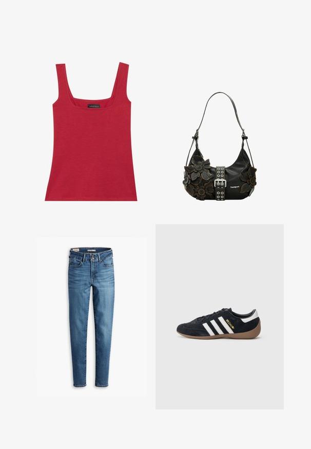Rotes ärmelloses Tanktop mit quadratischem Ausschnitt. Hergestellt aus glattem Stoff mit minimaler Textur, mit dem Etikett "ANNA FIELD" innen.; Hochtaillierte, schmale Jeans aus hellblauem Denim. Verfügt über fünf Taschen, einen vorderen Knopfverschluss und klassische Nähdetails.; Schwarzer Veloursleder-Sneaker mit drei weißen Streifen, Gummisohle und einem kleinen goldenen Logo an der Seite. Verfügt über ein glattes schwarzes Innenfutter.; Schwarze Lederhandtasche mit dreidimensionalen Blumenverzierungen, einer silbernen Schnalle und dekorativen Metallösen. Verstellbarer Riemen.