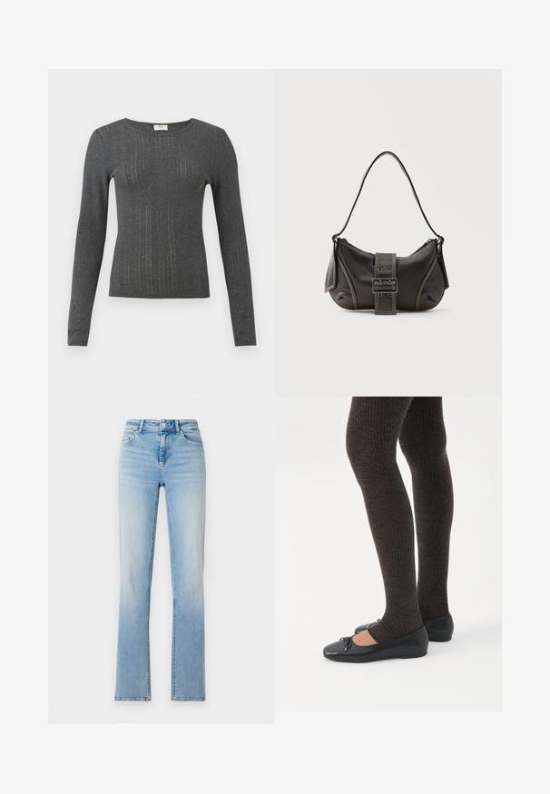 Haut ajusté à manches longues en tricot gris foncé avec des rayures verticales subtiles et un col rond. Texture douce avec un léger éclat dans le tissu.; Jean en denim bleu clair avec une taille haute, une coupe droite et des dégradés subtils. Dispose de cinq poches et de passants de ceinture.; Jambes portant des leggings côtelés foncés associés à des ballerines noires avec de petits détails en nœud sur fond blanc.; Sac à épaule en cuir noir avec une sangle à boucle, des bords arrondis et des coutures blanches contrastées sur un fond uni.