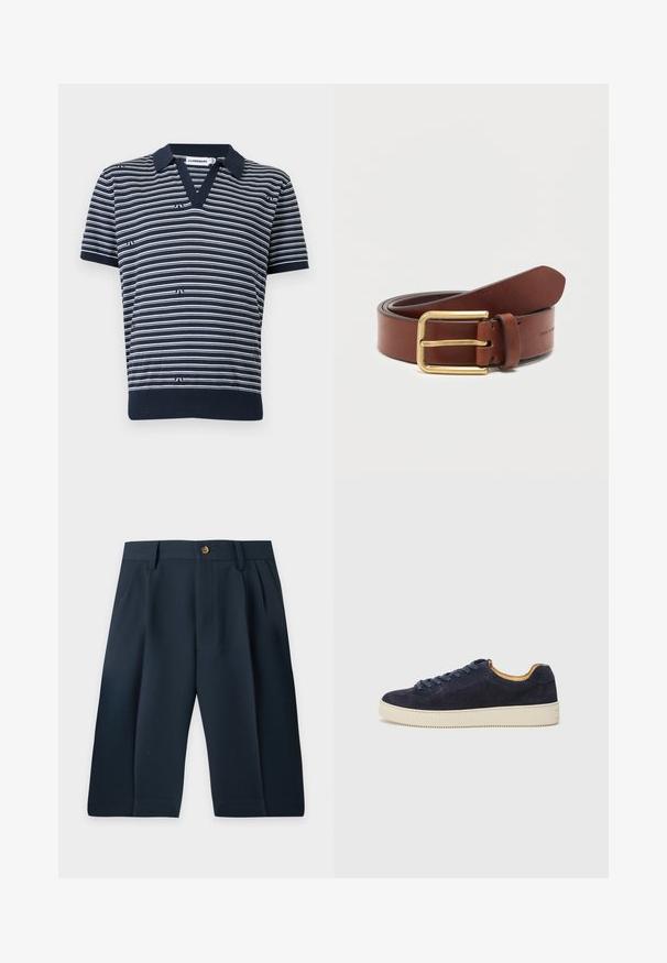 Polo bleu marine à manches courtes avec des rayures horizontales blanches, de petits détails de logo et un col en V.; Short à jambes larges bleu marine foncé avec passants pour ceinture, bouton devant, fermeture éclair, poches latérales et plis de chaque côté.; Baskets basses en suede bleu marine avec bout arrondi, semelle en caoutchouc blanc cassé et lacets assortis ; dotées d'une doublure intérieure contrastante couleur tan.; Ceinture en cuir marron avec boucle rectangulaire dorée, roulée sur un fond blanc uni.