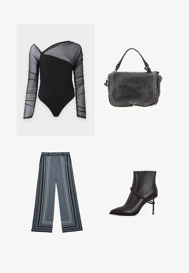 Zwarte bodysuit met lange sheer mesh-mouwen. Bevat gerimpelde textuur op het lichaam, asymmetrische halslijn en thong onderkant.; Wijde broek met marineblauwe, witte en beige geometrische en gestreepte patronen, voorzien van een hoge taille en riemlussen.; Strakke zwarte enkelboot met een spitse neus, accent van gewikkeld design en een hoge stilettohak op een witte achtergrond.; Zwarte leren handtas met zilverkleurige studs langs de randen, een enkele bovenste hendel en een sluiting met een gesp aan de voorkant.
