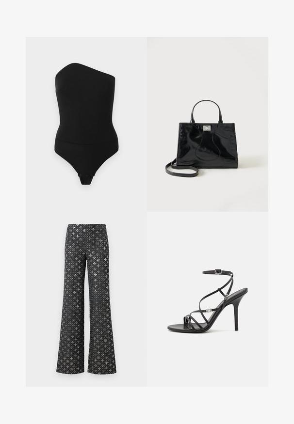 Sort bodystocking med ét-skulder design. Fremstillet af glat stof, den har en tætsiddende silhuet og en tryklås i bunden.; Sorte bukser med bred benåbning, der har en paillettekstur med sølvaccenter, hvilket skaber et mønstrets udseende over hele stoffet.; Sort højhælet sandal med tynde stropper, en ankelspænde, en glat læderoverflade og en slank stilethæl.; Sort håndtaske i laklæder med afrundede håndtag, aftagelig skulderrem og sølvspænde på ensartet hvid baggrund.