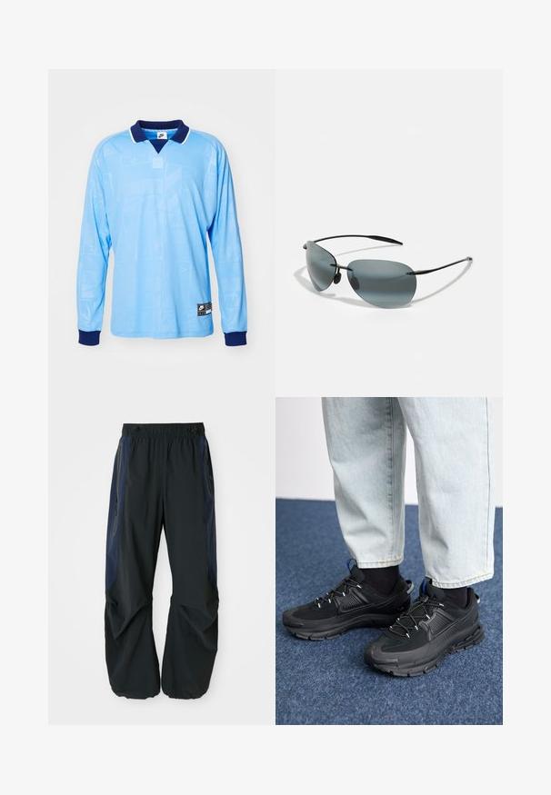 Camisa polo de manga larga azul claro con collar y puños en azul marino, que presenta un sutil patrón por toda la prenda y la marca Nike en el dobladillo inferior.; Pantalones de exterior negros con un corte relajado, que cuentan con una cinturilla elástica, paneles laterales en color marino y bolsillos con cremallera a ambos lados.; Zapatillas deportivas negras con tejido texturizado y suelas de goma, con cordones elásticos y un acento azul en el talón. Combinadas con pantalones de mezclilla claros.; Gafas de sol con lentes tintados en gris oscuro, montura delgada de metal negro y diseño elegante. Presentan lentes curvados y almohadillas nasales ajustables.
