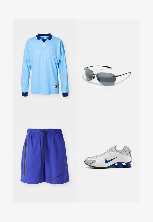 Hellblauses Langarm-Polohemd mit marineblauem Kragen und Bündchen, das ein dezentes Allover-Muster und Nike-Logoprint am unteren Saum aufweist.; Blaue Sportshorts mit einem elastischen Bund und Kordelzug. Verfügt über Seitentaschen, eine glatte Textur und ein schwarzes gepunktetes Nike-Logo.; Nike Laufschuh mit einem weißen und grauen Obermaterial, blauen Akzenten, perforierten Details, einer gepolsterten Sohle und einem charakteristischen Shox-Federungssystem.; Sonnenbrille mit dunkelgrau getönten Gläsern, dünnem schwarzen Metallrahmen und schlankem Design. Verfügt über gewölbte Gläser und verstellbare Nasenpads.