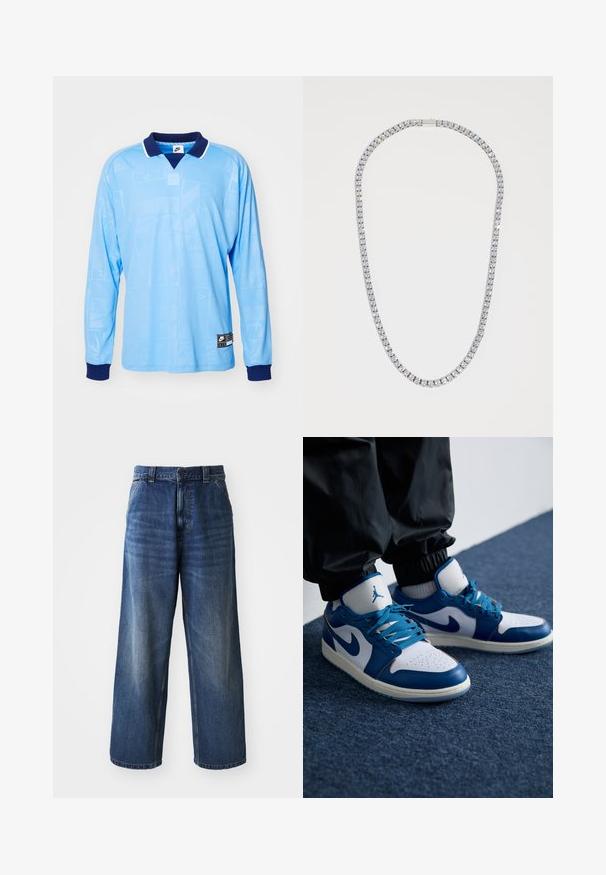 Lyseblå langærmet polo trøje med marineblå krave og manchetter, med et diskret all-over mønster og Nike-logo på den nederste kant.; Højtaljede blå denimjeans med vid benvidde, der har subtil falming, forlommer og en knaplukning i taljen.; Nike Air Jordan sneakers har en hvid læderbase med blå syntetiske detaljer, en perforeret tåboks og blå snørebånd.; DARKAI TENNIS LONG UNISEX - Halskæder - silver-coloured