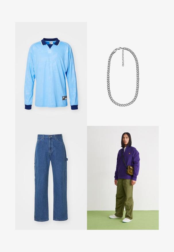 Lyseblå langærmet polo trøje med marineblå krave og manchetter, med et diskret all-over mønster og Nike-logo på den nederste kant.; Blå denimjeans i en afslappet pasform med lige ben, har for- og baglommer samt knaplukning i taljen.; Jordan AIR JORDAN 1 ZM CMFT 2 - Sneakers high - summit white/bicoastal/oxidized green; Smykke med sølvfarvet curb-kæde med en lås med hummerlås og justerbar forlængerkæde på en hvid baggrund.