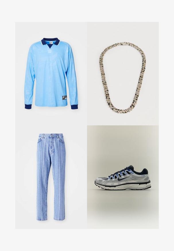 Lyseblå langærmet polo trøje med marineblå krave og manchetter, med et diskret all-over mønster og Nike-logo på den nederste kant.; Lysblå denimjeans med lodrette hvide striber, lige pasform, femlomme-stil og knaplukning i taljen.; Lysegrå og sort Nike løbesko med blå detaljer, hvid sål og tekst "P-6000" på hælsiden.; Smykke i sølvfarve med et flettet design og funklende accenter. Stykke har en lås og en tekstureret overflade.